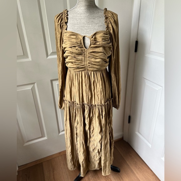 Moon River Maxi Dress Large Long Sleeve Brown/Green Metallic Chiffon - Picture 1 of 5